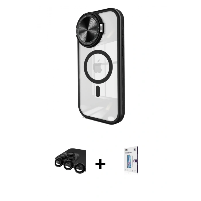 MARSİLYAN™- iPhone 15 Pro Kılıf Kıvılcım Modern Koleksiyonu - Siyah Bilvis 0.18mm Plus Cam Ekran Koruyucu + Raze Metal Kamera Lens - SH