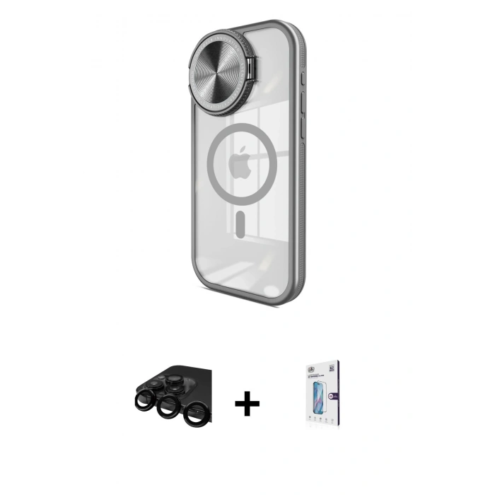 MARSİLYAN™- iPhone 15 Pro Kılıf Kıvılcım Modern Koleksiyonu - Siyah Bilvis 0.18mm Plus Cam Ekran Koruyucu + Raze Metal Kamera Lens - SH