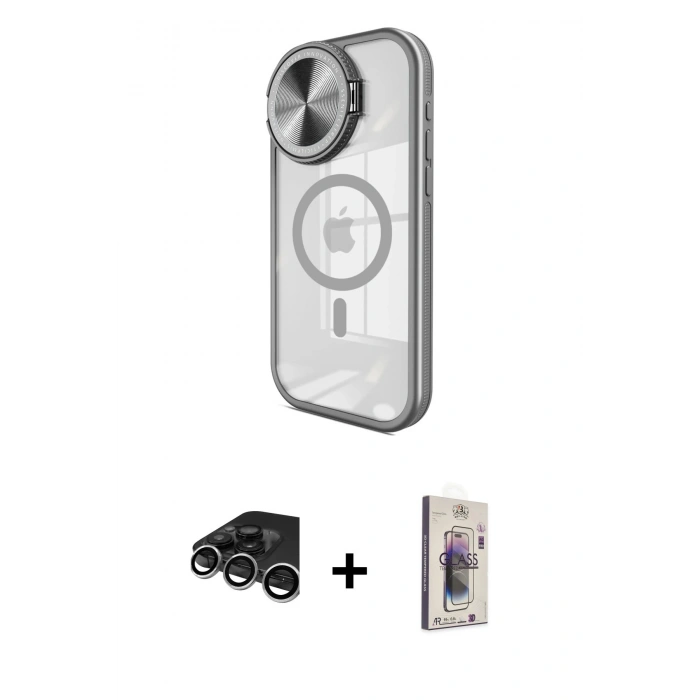 MARSİLYAN™- iPhone 15 Pro Kılıf Kıvılcım Modern Koleksiyonu - Siyah Bilvis 3D Cam Ekran Koruyucu + Raze Metal Kamera Lens - GS