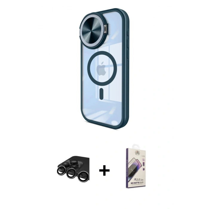 MARSİLYAN™- iPhone 15 Pro Kılıf Kıvılcım Modern Koleksiyonu - Siyah Bilvis 3D Mat Cam Ekran Koruyucu + Raze Metal Kamera Lens - TMGI