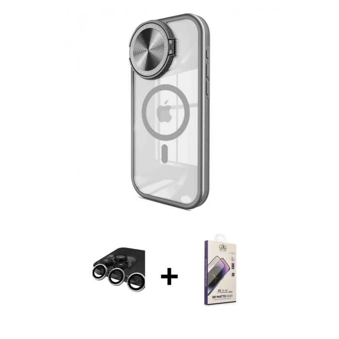 MARSİLYAN™- iPhone 15 Pro Kılıf Kıvılcım Modern Koleksiyonu - Siyah Bilvis 3D Mat Cam Ekran Koruyucu + Raze Metal Kamera Lens - GS