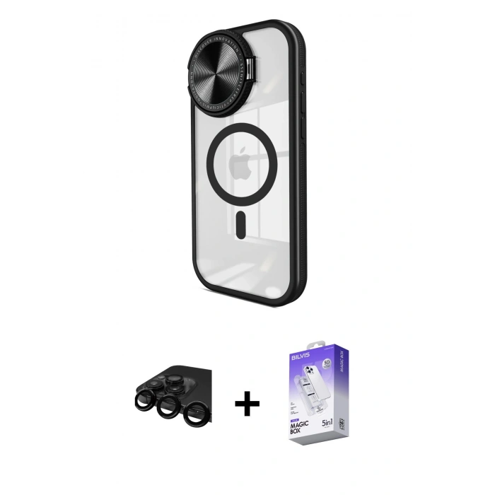 MARSİLYAN™- iPhone 15 Pro Kılıf Kıvılcım Modern Koleksiyonu - Siyah Bilvis 5in1 3D Magic Cam Ekran Koruyucu + Raze Metal Kamera Lens - SH