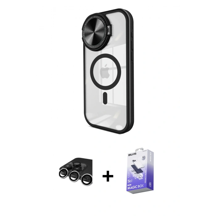MARSİLYAN™- iPhone 15 Pro Kılıf Kıvılcım Modern Koleksiyonu - Siyah Bilvis 5in1 5D Magic Hayalet Cam Ekran Koruyucu + Raze Metal Kamera Lens - GS