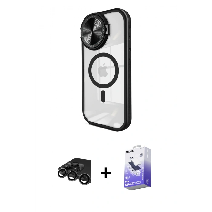 MARSİLYAN™- iPhone 15 Pro Kılıf Kıvılcım Modern Koleksiyonu - Siyah Bilvis 5in1 5D Magic Hayalet Cam Ekran Koruyucu + Titanyum Gri Raze Metal Kamera Lens