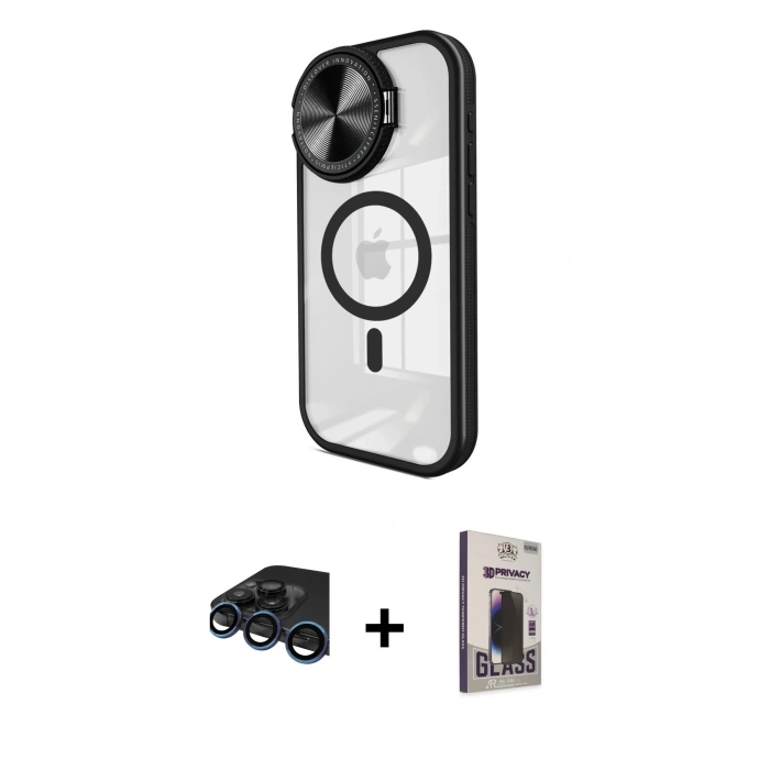 MARSİLYAN™- iPhone 15 Pro Kılıf Kıvılcım Modern Koleksiyonu - Siyah Bilvis Hayalet Cam Ekran Koruyucu + Raze Metal Kamera Lens - LT