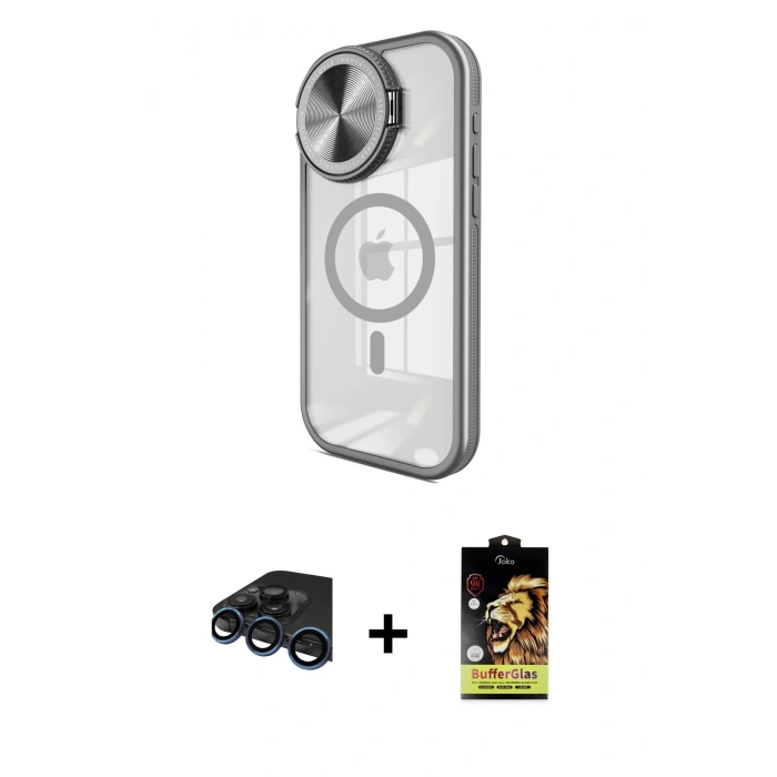 MARSİLYAN™- iPhone 15 Pro Kılıf Kıvılcım Modern Koleksiyonu - Siyah Buffer Cam Ekran Koruyucu + Raze Metal Kamera Lens - LT