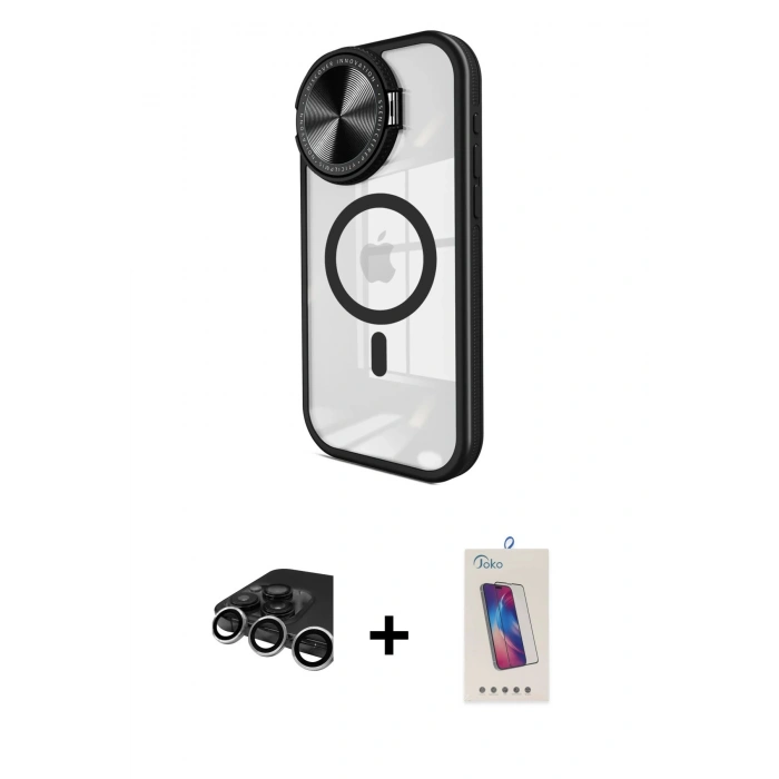 MARSİLYAN™- iPhone 15 Pro Kılıf Kıvılcım Modern Koleksiyonu - Siyah Joko 5D Cam + Raze Metal Kamera Lens - GS
