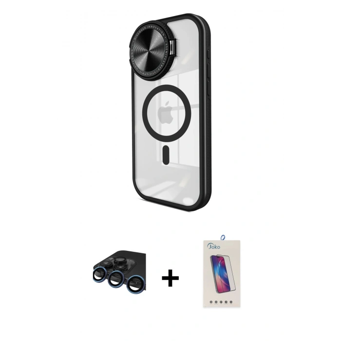 MARSİLYAN™- iPhone 15 Pro Kılıf Kıvılcım Modern Koleksiyonu - Siyah Joko 5D Cam + Raze Metal Kamera Lens - LT
