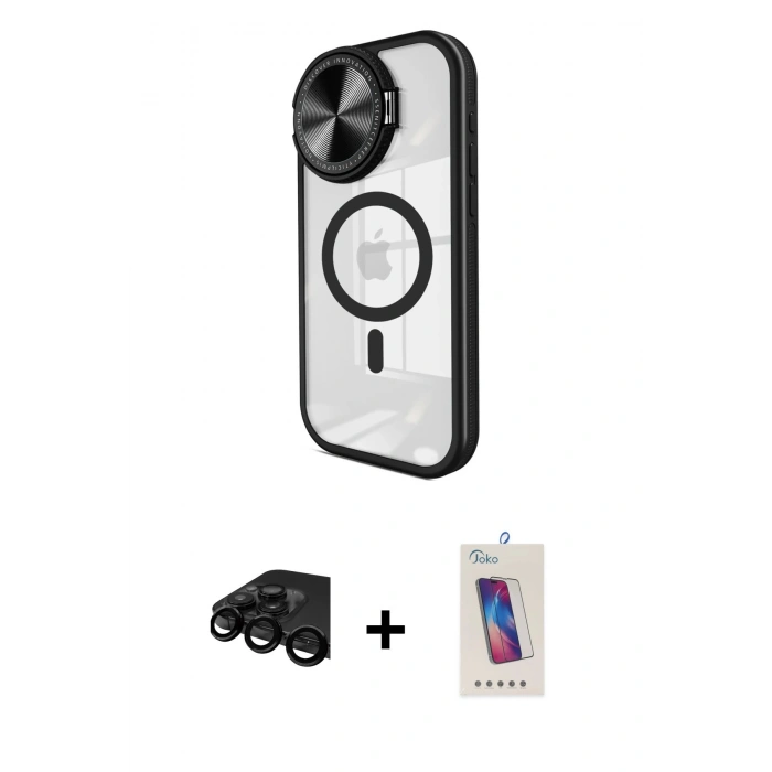 MARSİLYAN™- iPhone 15 Pro Kılıf Kıvılcım Modern Koleksiyonu - Siyah Joko 5D Cam + Raze Metal Kamera Lens - SH