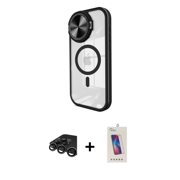 MARSİLYAN™- iPhone 15 Pro Kılıf Kıvılcım Modern Koleksiyonu - Siyah Joko 5D Cam + Raze Metal Kamera Lens - TMGI