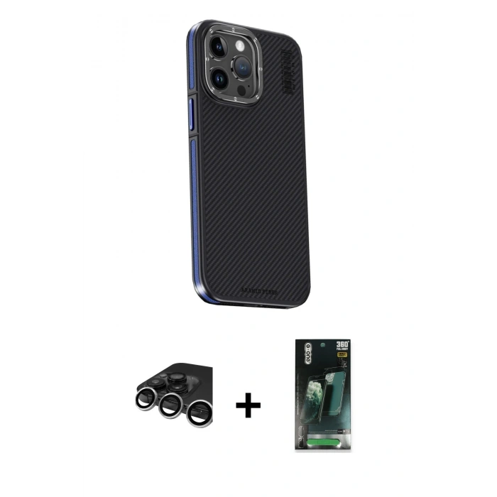 MARSİLYAN™- iPhone 15 Pro Kılıf Kıvılcım Modern Özel Seri - Şeffaf 360 Full Body Arka Koruyucu + Raze Metal Kamera Lens - GS