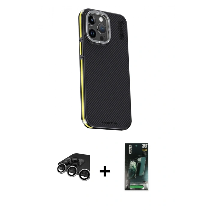 MARSİLYAN™- iPhone 15 Pro Kılıf Kıvılcım Modern Özel Seri - Şeffaf 360 Full Body Arka Koruyucu + Raze Metal Kamera Lens - GS