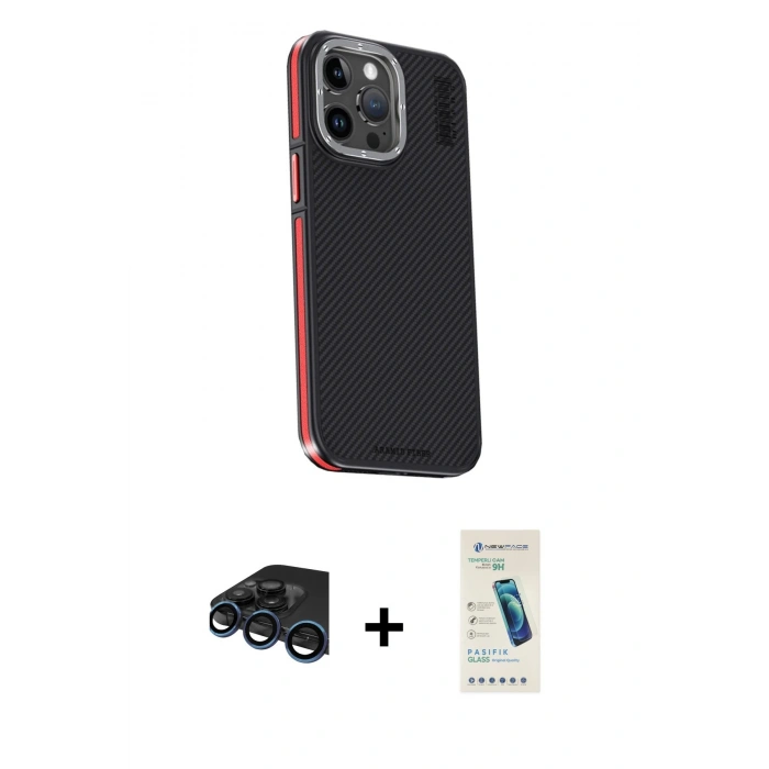 MARSİLYAN™- iPhone 15 Pro Kılıf Kıvılcım Modern Özel Seri - Şeffaf Pasifik Cam Ekran Koruyucu + Raze Metal Kamera Lens - LT