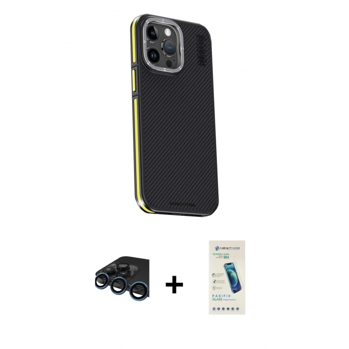 MARSİLYAN™- iPhone 15 Pro Kılıf Kıvılcım Modern Özel Seri - Şeffaf Pasifik Cam Ekran Koruyucu + Raze Metal Kamera Lens - LT