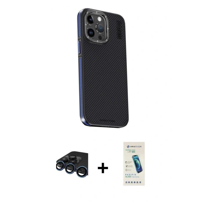MARSİLYAN™- iPhone 15 Pro Kılıf Kıvılcım Modern Özel Seri - Şeffaf Pasifik Cam Ekran Koruyucu + Raze Metal Kamera Lens - LT