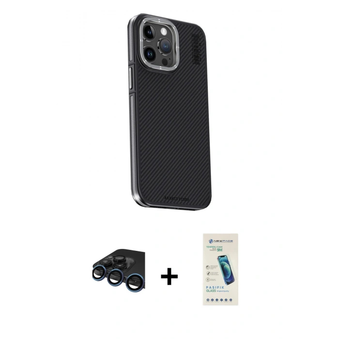 MARSİLYAN™- iPhone 15 Pro Kılıf Kıvılcım Modern Özel Seri - Şeffaf Pasifik Cam Ekran Koruyucu + Raze Metal Kamera Lens - LT