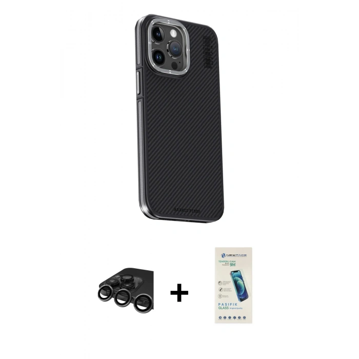 MARSİLYAN™- iPhone 15 Pro Kılıf Kıvılcım Modern Özel Seri - Şeffaf Pasifik Cam Ekran Koruyucu + Raze Metal Kamera Lens - TMGI