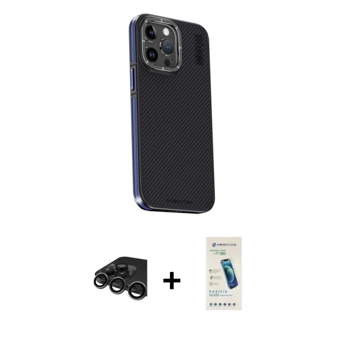 MARSİLYAN™- iPhone 15 Pro Kılıf Kıvılcım Modern Özel Seri - Şeffaf Pasifik Cam Ekran Koruyucu + Raze Metal Kamera Lens - TMGI