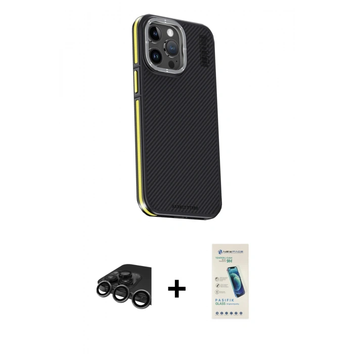 MARSİLYAN™- iPhone 15 Pro Kılıf Kıvılcım Modern Özel Seri - Şeffaf Pasifik Cam Ekran Koruyucu + Raze Metal Kamera Lens - TMGI