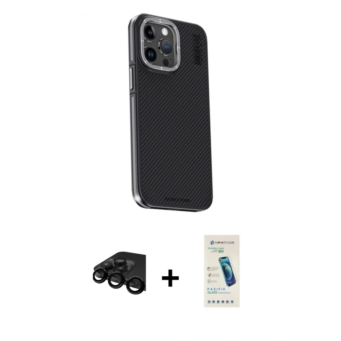 MARSİLYAN™- iPhone 15 Pro Kılıf Kıvılcım Modern Özel Seri - Şeffaf Pasifik Cam Ekran Koruyucu + Siyah Raze Metal Kamera Lens