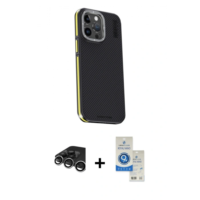 MARSİLYAN™- iPhone 15 Pro Kılıf Kıvılcım Modern Özel Seri - Şeffaf Royal Nano Ekran Koruyucu + Raze Metal Kamera Lens - GS