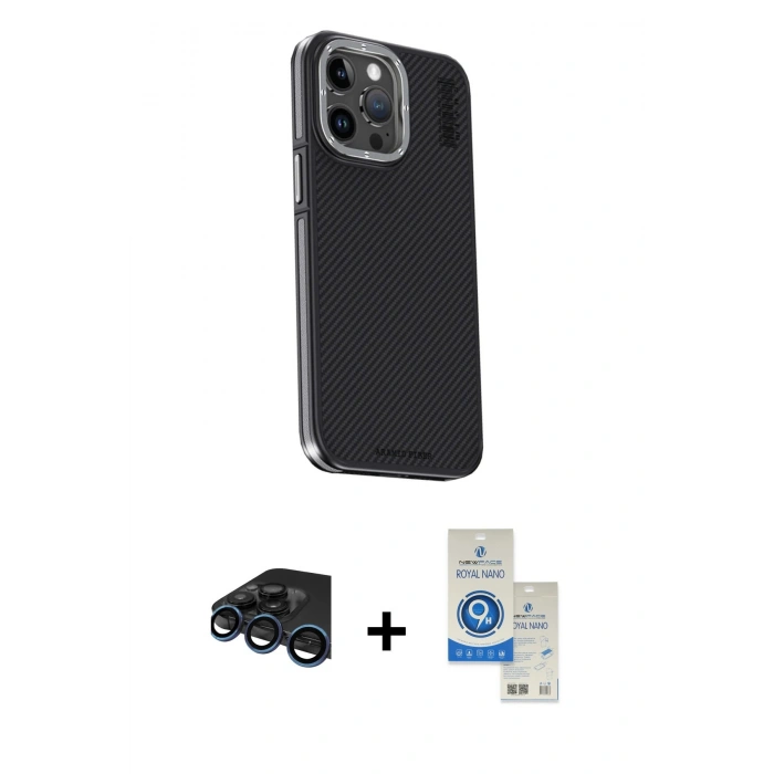MARSİLYAN™- iPhone 15 Pro Kılıf Kıvılcım Modern Özel Seri - Şeffaf Royal Nano Ekran Koruyucu + Raze Metal Kamera Lens - LT