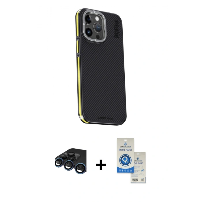 MARSİLYAN™- iPhone 15 Pro Kılıf Kıvılcım Modern Özel Seri - Şeffaf Royal Nano Ekran Koruyucu + Raze Metal Kamera Lens - LT