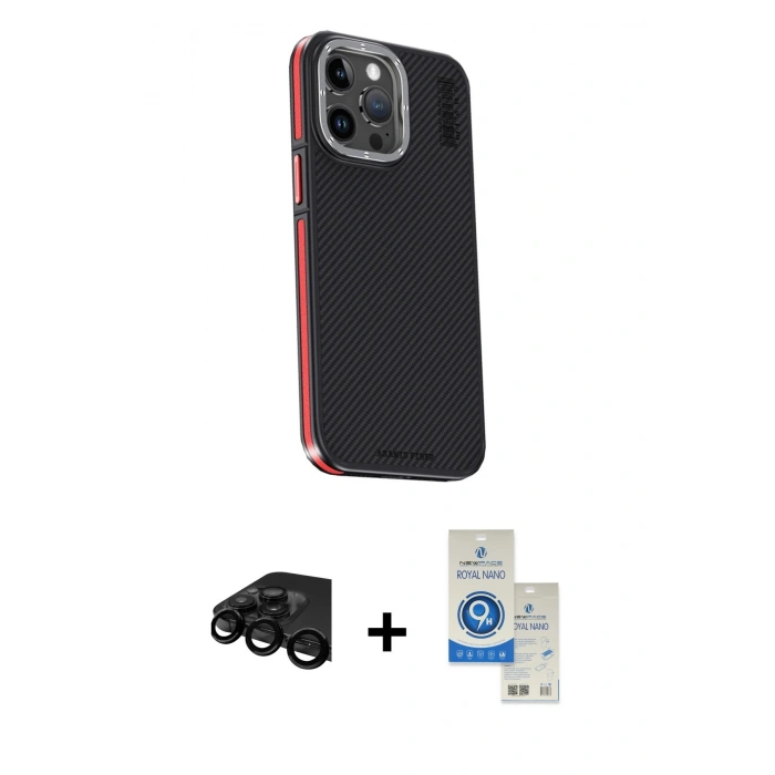 MARSİLYAN™- iPhone 15 Pro Kılıf Kıvılcım Modern Özel Seri - Şeffaf Royal Nano Ekran Koruyucu + Siyah Raze Metal Kamera Lens