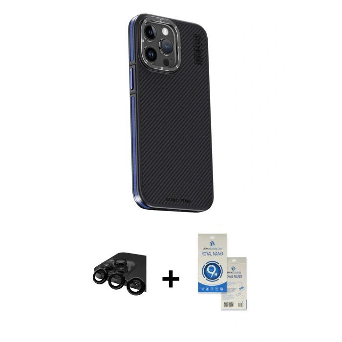 MARSİLYAN™- iPhone 15 Pro Kılıf Kıvılcım Modern Özel Seri - Şeffaf Royal Nano Ekran Koruyucu + Siyah Raze Metal Kamera Lens