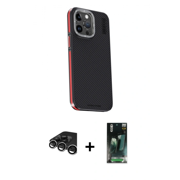 MARSİLYAN™- iPhone 15 Pro Kılıf Kıvılcım Modern Özel Seri - Siyah 360 Mat Full Body Arka Koruyucu + Raze Metal Kamera Lens - GS