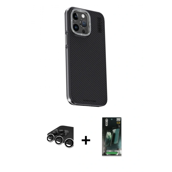 MARSİLYAN™- iPhone 15 Pro Kılıf Kıvılcım Modern Özel Seri - Siyah 360 Mat Full Body Arka Koruyucu + Raze Metal Kamera Lens - GS