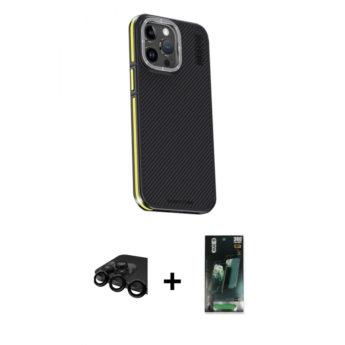 MARSİLYAN™- iPhone 15 Pro Kılıf Kıvılcım Modern Özel Seri - Siyah 360 Mat Full Body Arka Koruyucu + Raze Metal Kamera Lens - SH