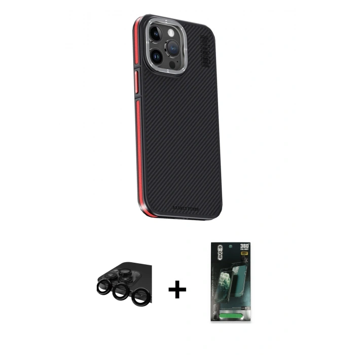 MARSİLYAN™- iPhone 15 Pro Kılıf Kıvılcım Modern Özel Seri - Siyah 360 Mat Full Body Arka Koruyucu + Raze Metal Kamera Lens - SH