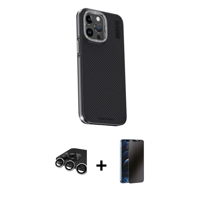 MARSİLYAN™- iPhone 15 Pro Kılıf Kıvılcım Modern Özel Seri - Siyah 3D Antistatik Hayalet Cam Ekran Koruyucu + Raze Metal Kamera Lens - GS