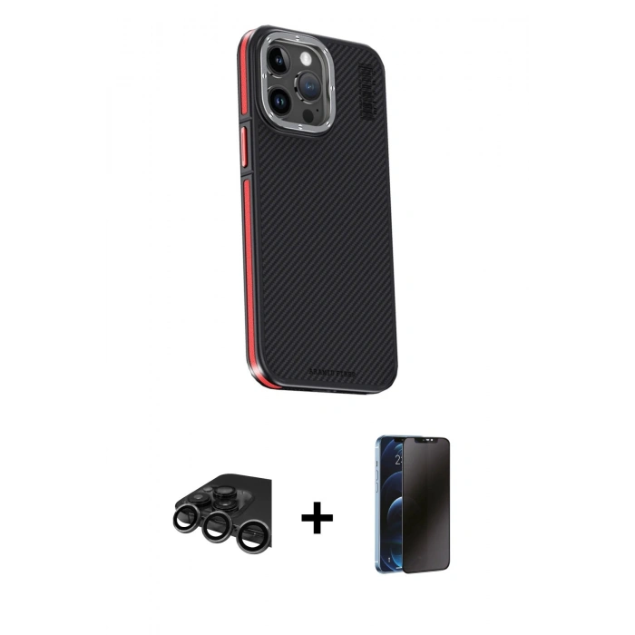 MARSİLYAN™- iPhone 15 Pro Kılıf Kıvılcım Modern Özel Seri - Siyah 3D Antistatik Hayalet Cam Ekran Koruyucu + Titanyum Gri Raze Metal Kamera Lens