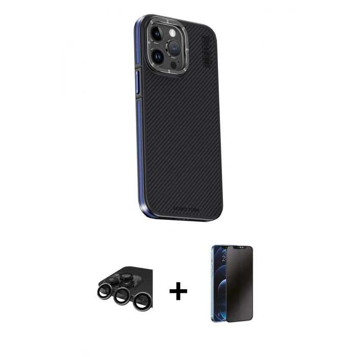 MARSİLYAN™- iPhone 15 Pro Kılıf Kıvılcım Modern Özel Seri - Siyah 3D Antistatik Hayalet Cam Ekran Koruyucu + Titanyum Gri Raze Metal Kamera Lens