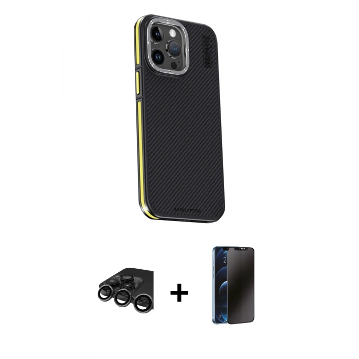 MARSİLYAN™- iPhone 15 Pro Kılıf Kıvılcım Modern Özel Seri - Siyah 3D Antistatik Hayalet Cam Ekran Koruyucu + Titanyum Gri Raze Metal Kamera Lens