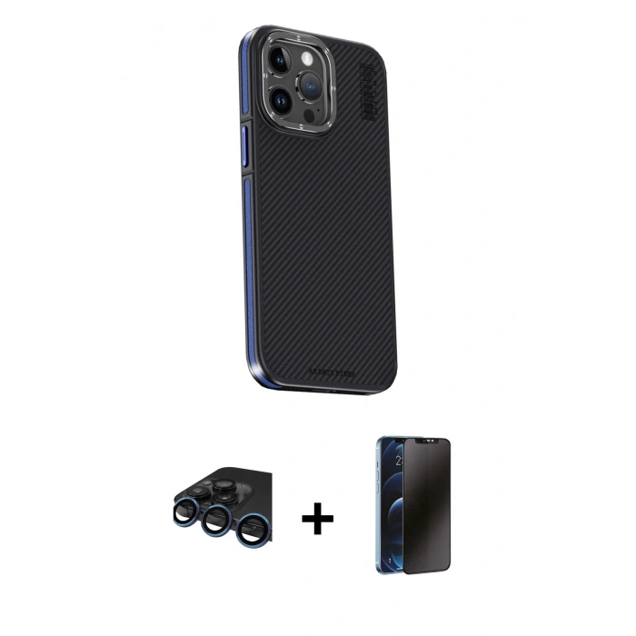MARSİLYAN™- iPhone 15 Pro Kılıf Kıvılcım Modern Özel Seri - Siyah 3D Antistatik Hayalet Cam Ekran Koruyucu + Raze Metal Kamera Lens - LT