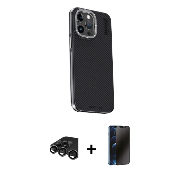 MARSİLYAN™- iPhone 15 Pro Kılıf Kıvılcım Modern Özel Seri - Siyah 3D Antistatik Hayalet Cam Ekran Koruyucu + Titanyum Gri Raze Metal Kamera Lens