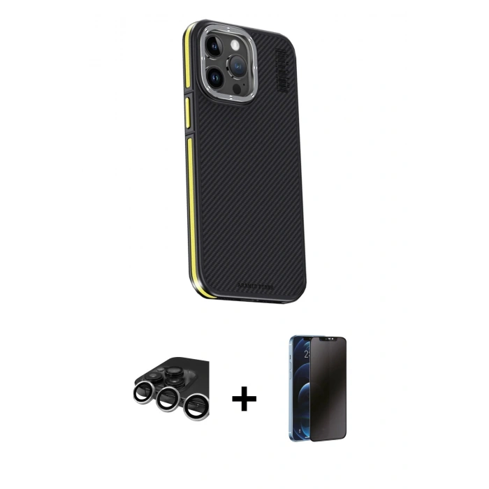 MARSİLYAN™- iPhone 15 Pro Kılıf Kıvılcım Modern Özel Seri - Siyah 3D Antistatik Hayalet Cam Ekran Koruyucu + Raze Metal Kamera Lens - GS