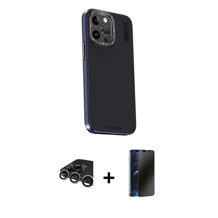 MARSİLYAN™- iPhone 15 Pro Kılıf Kıvılcım Modern Özel Seri - Siyah 3D Antistatik Hayalet Cam Ekran Koruyucu + Raze Metal Kamera Lens - GS