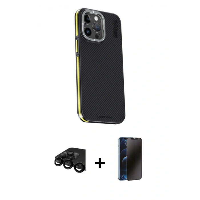 MARSİLYAN™- iPhone 15 Pro Kılıf Kıvılcım Modern Özel Seri - Siyah 3D Antistatik Hayalet Cam Ekran Koruyucu + Raze Metal Kamera Lens - SH