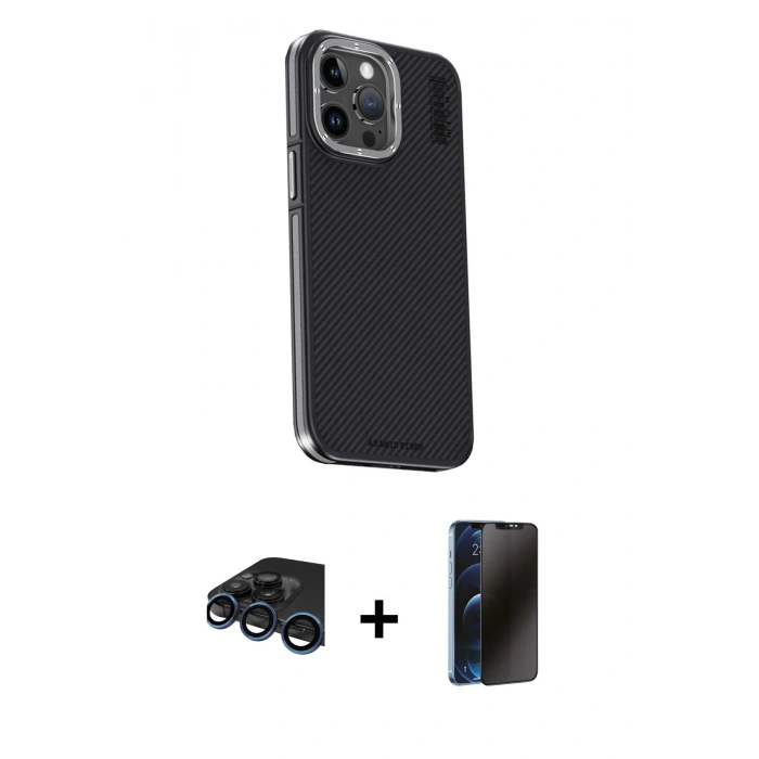 MARSİLYAN™- iPhone 15 Pro Kılıf Kıvılcım Modern Özel Seri - Siyah 3D Antistatik Hayalet Cam Ekran Koruyucu + Raze Metal Kamera Lens - LT