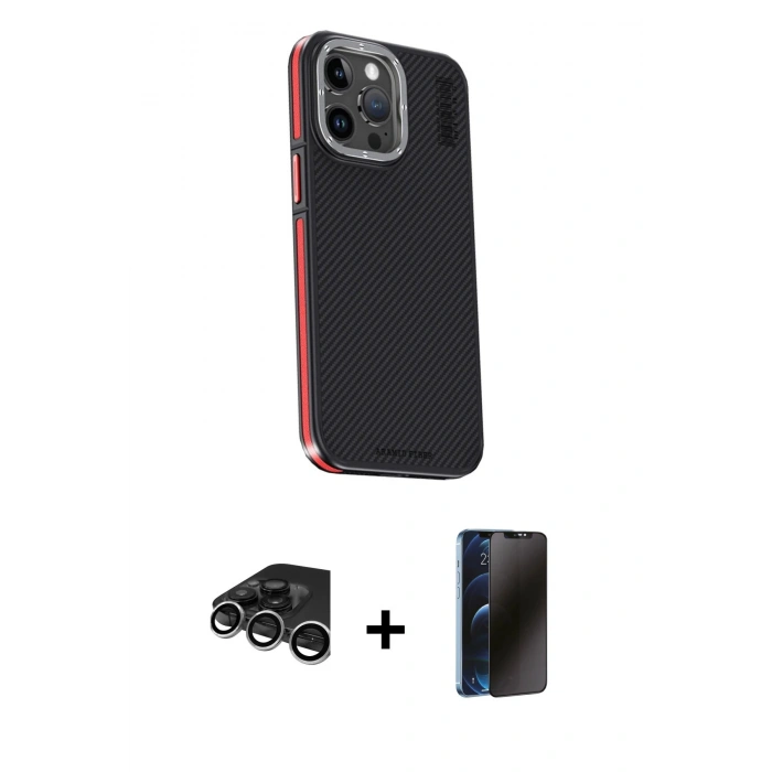 MARSİLYAN™- iPhone 15 Pro Kılıf Kıvılcım Modern Özel Seri - Siyah 3D Antistatik Hayalet Cam Ekran Koruyucu + Raze Metal Kamera Lens - GS