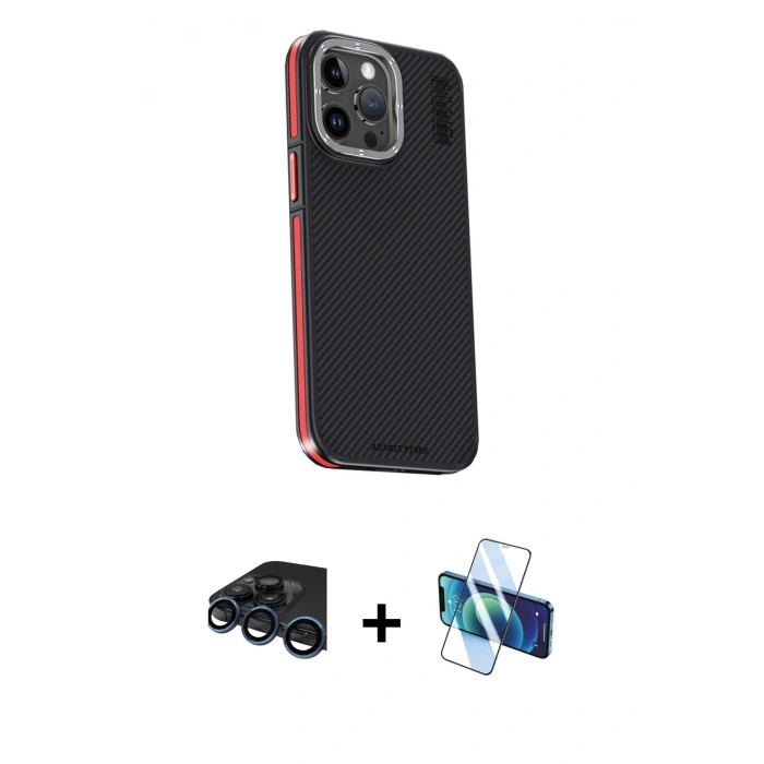 MARSİLYAN™- iPhone 15 Pro Kılıf Kıvılcım Modern Özel Seri - Siyah 3D Antistatik Seramik Nano Ekran Koruyucu + Lacivert Raze Metal Kamera Lens