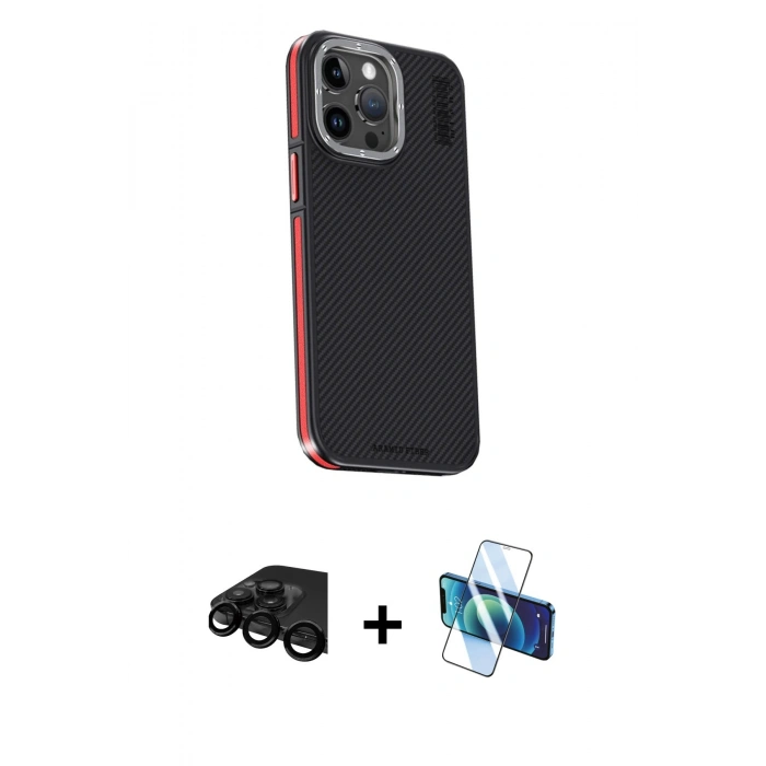 MARSİLYAN™- iPhone 15 Pro Kılıf Kıvılcım Modern Özel Seri - Siyah 3D Antistatik Seramik Nano Ekran Koruyucu + Raze Metal Kamera Lens - SH