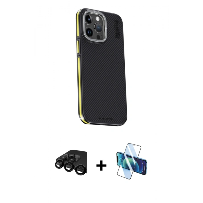 MARSİLYAN™- iPhone 15 Pro Kılıf Kıvılcım Modern Özel Seri - Siyah 3D Antistatik Seramik Nano Ekran Koruyucu + Raze Metal Kamera Lens - SH