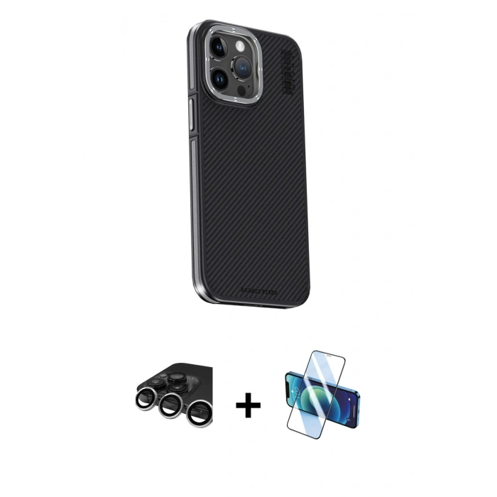 MARSİLYAN™- iPhone 15 Pro Kılıf Kıvılcım Modern Özel Seri - Siyah 3D Antistatik Seramik Nano Ekran Koruyucu + Raze Metal Kamera Lens - GS