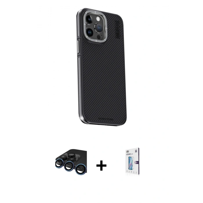 MARSİLYAN™- iPhone 15 Pro Kılıf Kıvılcım Modern Özel Seri - Siyah Bilvis 0.18mm Plus Cam Ekran Koruyucu + Raze Metal Kamera Lens - LT