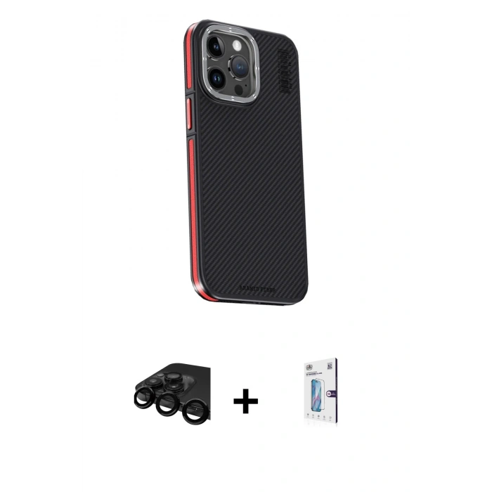 MARSİLYAN™- iPhone 15 Pro Kılıf Kıvılcım Modern Özel Seri - Siyah Bilvis 0.18mm Plus Cam Ekran Koruyucu + Raze Metal Kamera Lens - SH